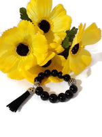 The black night tulip bracelet, stretch bracelet, jet black polish glass beads, handmade bracelet,