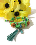 THE SUMMER GREEN PARROT BRACELET, Boho-chic, handmade,  macrame,  orange ceramic beads  bracelet,  green nylon cord,