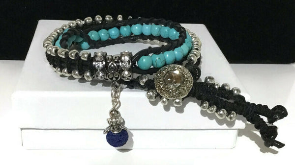 Double wrap black leather bracelet, Macrame wrap, choker, Boho-chic, oil diffuser pendant, turquoise stones, woman's size, THE TURQUOISE BRACELET WRAP