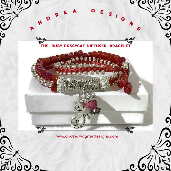 THE RED RUBY PUSSYCAT DIFFUSER BRACELET, double wrap, macramé bracelet, crystal chain, woman's size 15, boho-chic style, valentine's gift, for her