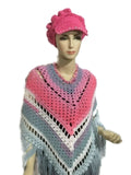 THE PINK AND GRAY ROSES PONCHO, crochet wrap, small- medium women size, andrea designs handmade ponchos, boho chic style, gift for her