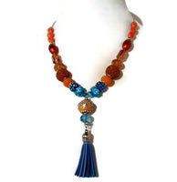 Blue leather tassel, statement beaded necklace, handmade necklace, boho chic style, The orange peacock necklace.