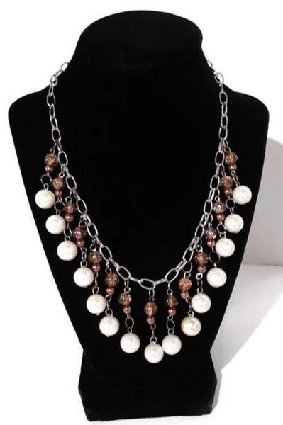Choker necklace, white glass pearls,  brown beads, the pearls choker necklace