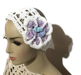 Crochet headband, white cotton yarn, headband with purple crochet flower, The purple flower headband, handmade