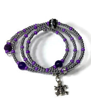 THE SILVER SKULL COIL WRAP DIFFUSER BRACELET, beaded wrap, amethyst stone, purple lava rock, woman's size