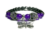THE PURPLE BUTTERFLY DIFFUSER BRACELET, handmade stretch cord bracelet, black lava rocks with amethyst, black obsidian natural stones , essential oil diffuser bracelet.