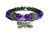 THE PURPLE BUTTERFLY DIFFUSER BRACELET, handmade stretch cord bracelet, black lava rocks with amethyst, black obsidian natural stones , essential oil diffuser bracelet.