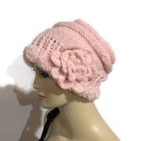 The Pink slouchy Hat, knit  beanie, pink alpaca, faux fur, woman's size, winter hat