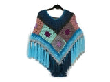 NOT YOUR GRANNY'S PONCHO, granny squares, crochet poncho, blue acrylic yarn, Andrea designs handmade ponchos