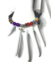 THE SILVER DRAGONFLY DIFFUSER BRACELET, black lava rock with tiger eye, rainbow, red agate, amethyst natural stones, essential oil diffuser, memory wire, macrame clasp,