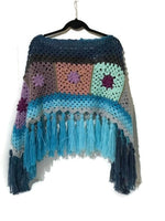 NOT YOUR GRANNY'S PONCHO, granny squares, crochet poncho, blue acrylic yarn, Andrea designs handmade ponchos