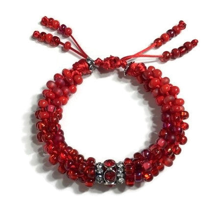 The Rubi velvet bracelet, chunky bracelet, red rubi beaded kumihimo wristlet, boho-chic style, woman size