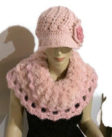 The pink crochet hat, pink alpaca yarn, beanie with bill, newsboy hat, woman size, cold weather, Andrea designs handmade hats,