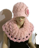 The pink crochet hat, pink alpaca yarn, beanie with bill, newsboy hat, woman size, cold weather, Andrea designs handmade hats,