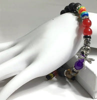 THE SILVER DRAGONFLY DIFFUSER BRACELET, black lava rock with tiger eye, rainbow, red agate, amethyst natural stones, essential oil diffuser, memory wire, macrame clasp,