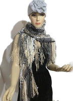 Prize winner handwoven shawl, The Winter Cornfield Shawl, alpaca yarn, multi fibers, white, cream, grey, black yarn