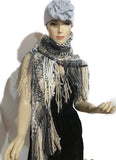 Prize winner handwoven shawl, The Winter Cornfield Shawl, alpaca yarn, multi fibers, white, cream, grey, black yarn
