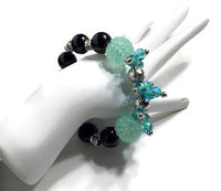 The green and black cluster stretch bracelet, holiday gift, for her, give handmade, woman's size.