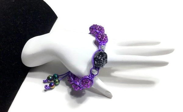 Purple shamballa beads, black skull bead, The halloween purple bracelet, macrame wrap, Halloween, purple nylon cord,