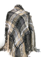 Prize winner handwoven shawl, The Winter Cornfield Shawl, alpaca yarn, multi fibers, white, cream, grey, black yarn