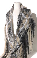 Prize winner handwoven shawl, The Winter Cornfield Shawl, alpaca yarn, multi fibers, white, cream, grey, black yarn