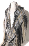 Prize winner handwoven shawl, The Winter Cornfield Shawl, alpaca yarn, multi fibers, white, cream, grey, black yarn