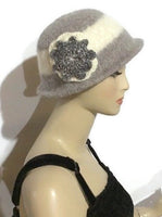 THE BELLA HAT, handmade women's  felted hat, Boho-chic style, light grey and cream hat, ready to ship