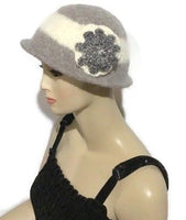 THE BELLA HAT, handmade women's  felted hat, Boho-chic style, light grey and cream hat, ready to ship