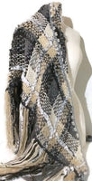 Prize winner handwoven shawl, The Winter Cornfield Shawl, alpaca yarn, multi fibers, white, cream, grey, black yarn
