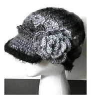 Gray, black, crochet hat, THE BLACK AND GRAY MOCKINGBIRD HAT, handmade beanie with visor brim, woman's size, ready to ship