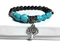 THE TURQUOISE TREE OF LIFE DIFFUSER BRACELET, turquoise and black bright agate stones, essential oil diffuser bracelet, stretch bracelet, woman's size