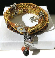 THE ASTER FLOWER DIFFUSER YELLOW LEATHER  WRAP BRACELET, macrame, double wrap crystal beads bracelet, 5 charms, woman's size, Boho-chic style.