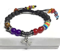 THE SILVER DRAGONFLY DIFFUSER BRACELET, black lava rock with tiger eye, rainbow, red agate, amethyst natural stones, essential oil diffuser, memory wire, macrame clasp,