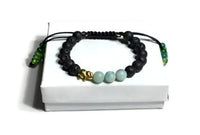 THE GOLDEN ELEPHANT DIFFUSER BRACELET, black lava rocks with green amazonite stones, macramê clasp, memory wire, woman's size, essential oil diffuser,