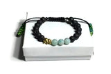 THE GOLDEN ELEPHANT DIFFUSER BRACELET, black lava rocks with green amazonite stones, macramê clasp, memory wire, woman's size, essential oil diffuser,
