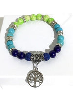 THE TREE OF LIFE DIFFUSER BRACELET, blue lava rock beads with turquoise, green, blue stones essential oil diffuser handmade bracelet, stretch bracelet, woman's size, for her