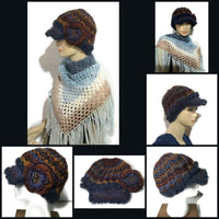 Rust gold, brown, purple, blue hat, THE BLUE ANDES CROCHET HAT, handmade beanie with visor brim, acrylic yarn, woman size, ready to ship