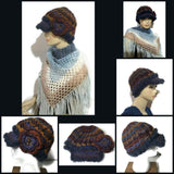 Rust gold, brown, purple, blue hat, THE BLUE ANDES CROCHET HAT, handmade beanie with visor brim, acrylic yarn, woman size, ready to ship
