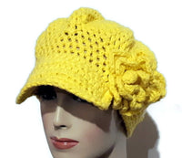 Crochet handmade hat, yellow cotton yarn, crochet beannie with bill, The sun hat