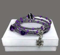 THE SILVER SKULL COIL WRAP DIFFUSER BRACELET, beaded wrap, amethyst stone, purple lava rock, woman's size