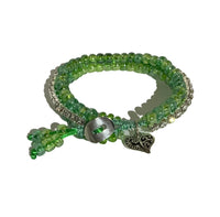THE HEART CHARM BRACELET- beaded tennis bracelet, green nylon cord, green seed beads, handmade macramé bracelet, crystal chain, woman's size, Boho-chic style, gift, X-mas gift,