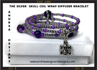 THE SILVER SKULL COIL WRAP DIFFUSER BRACELET, beaded wrap, amethyst stone, purple lava rock, woman's size