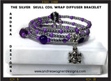 THE SILVER SKULL COIL WRAP DIFFUSER BRACELET, beaded wrap, amethyst stone, purple lava rock, woman's size