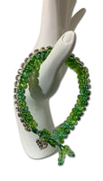 THE HEART CHARM BRACELET- beaded tennis bracelet, green nylon cord, green seed beads, handmade macramé bracelet, crystal chain, woman's size, Boho-chic style, gift, X-mas gift,