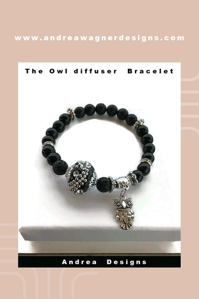 THE OWL DIFFUSER BRACELET, woman size, black lava rock, onyx agate stones, essential oil diffuser bracelet, black lava rock,