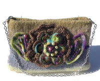 The chocolate Rose felt bag, felt purse, hand knitted beige, gray and tan wool handbag, women's shoulder bag, boho chic style,