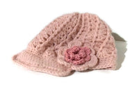 The pink crochet hat, pink alpaca yarn, beanie with bill, newsboy hat, woman size, cold weather, Andrea designs handmade hats,