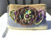 The chocolate Rose felt bag, felt purse, hand knitted beige, gray and tan wool handbag, women's shoulder bag, boho chic style,