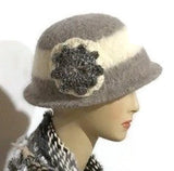 THE BELLA HAT, handmade women's  felted hat, Boho-chic style, light grey and cream hat, ready to ship