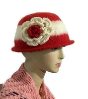 Ready to ship, womens wool hat, felted hat for women, The Andrea's hat, cloche hat, women size, red and cream hat,